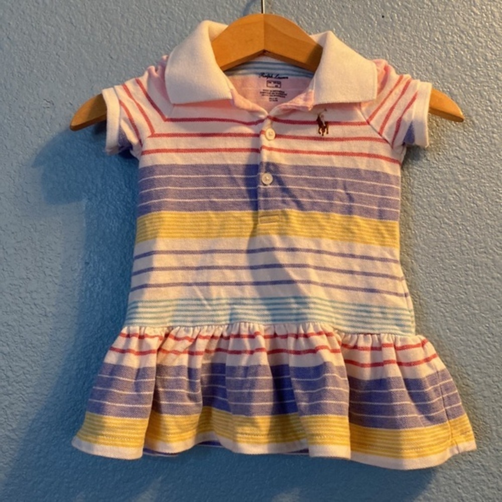 Ralph Lauren Baby Girls Striped Polo Dress 3M Puff Sleeve Ruffle Hem